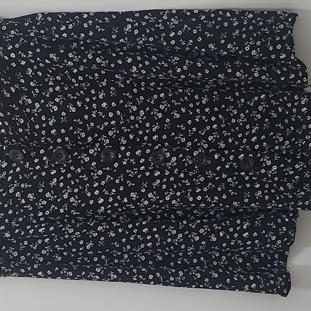 Black use  Sky and Sparrows white tiny flowers,button down  the front W14 L17"